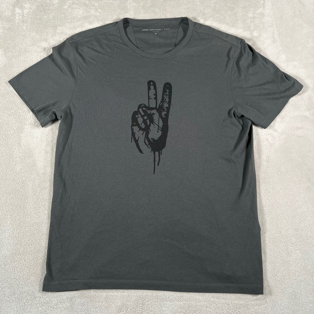John Varvatos USA T-Shirt Men's Size Medium Gray Peace Sign Graphic Print Grunge